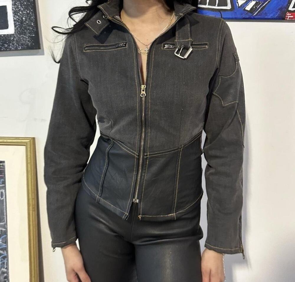 Vintage Y2K Biker Moto Jacket Faded Denim Faux Leather Patchwork Cross Goth L